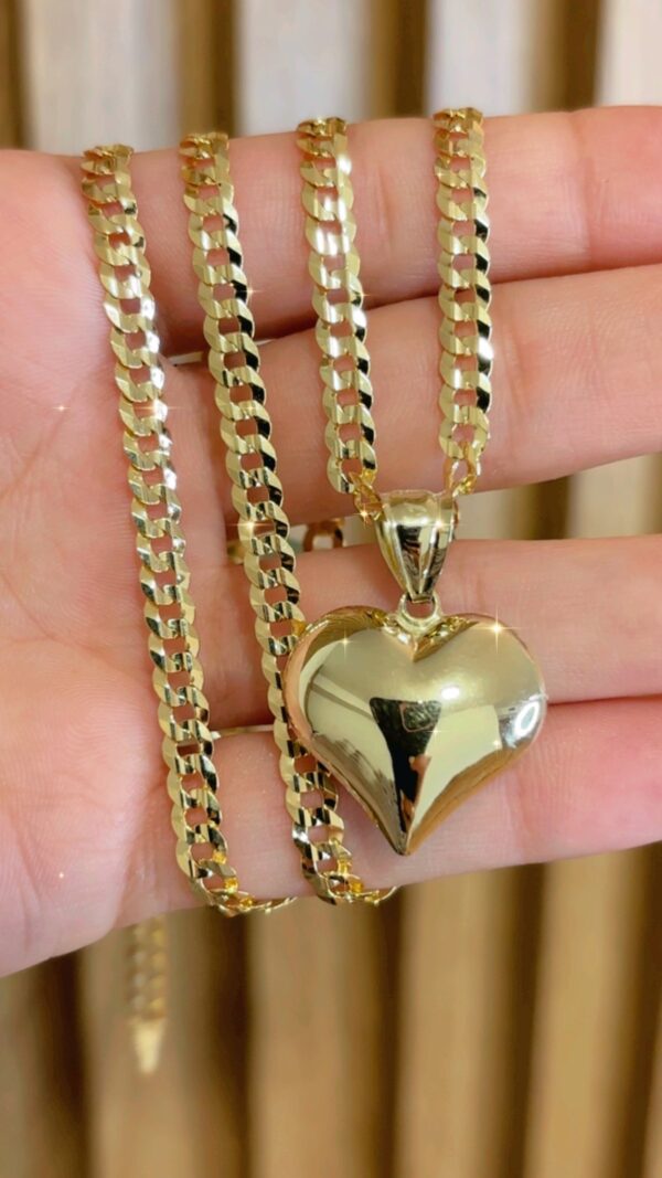 Cuban chain, brilliant cut, and 10k gold heart pendant