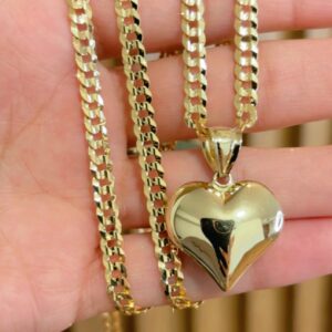 Cuban chain, brilliant cut, and 10k gold heart pendant