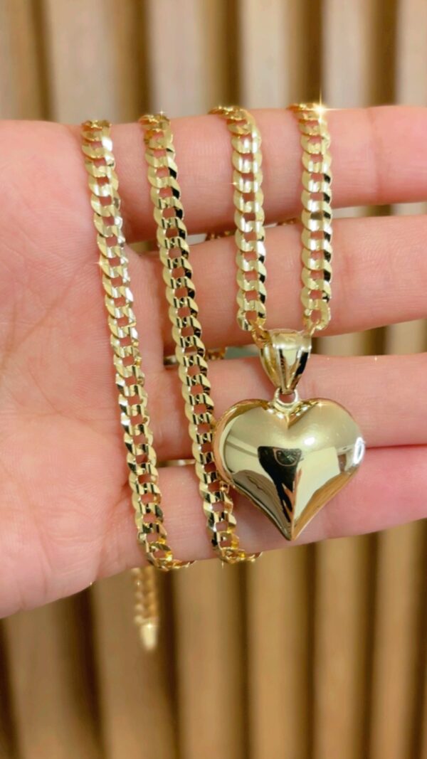 Cuban chain, brilliant cut, and 10k gold heart pendant
